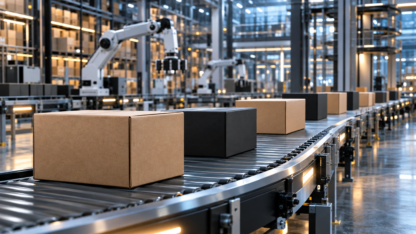 Profesyonel e-ticaret sitesi kurulumu ve tasarımı, akıllı depo konveyöründe modern paketleme