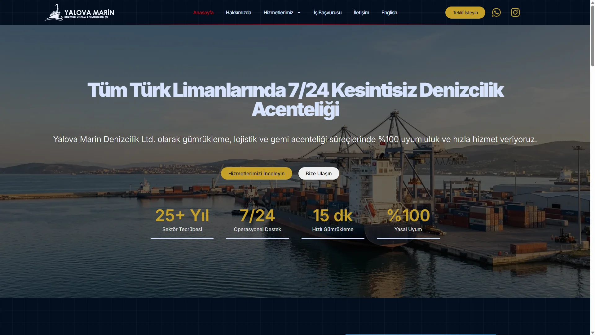 Yalova Marin Denizcilik kurumsal web sitesi ana sayfa görünümü
